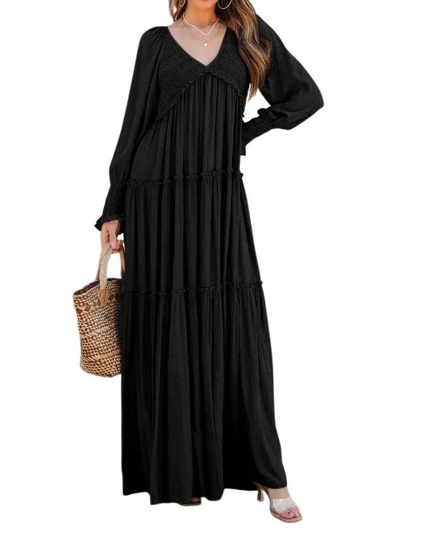 Women's Long Sleeve V Neck Boho Flowy Maxi Dresses