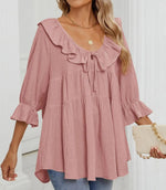 Women's 3/4 Sleeve Tie-Front Ruffled Babydoll Blouse