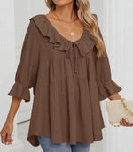 Women's 3/4 Sleeve Tie-Front Ruffled Babydoll Blouse