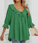 Women's 3/4 Sleeve Tie-Front Ruffled Babydoll Blouse