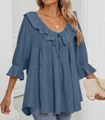 Women's 3/4 Sleeve Tie-Front Ruffled Babydoll Blouse
