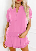 Women's Casual Half-zip Top and Ruffle Shorts Set