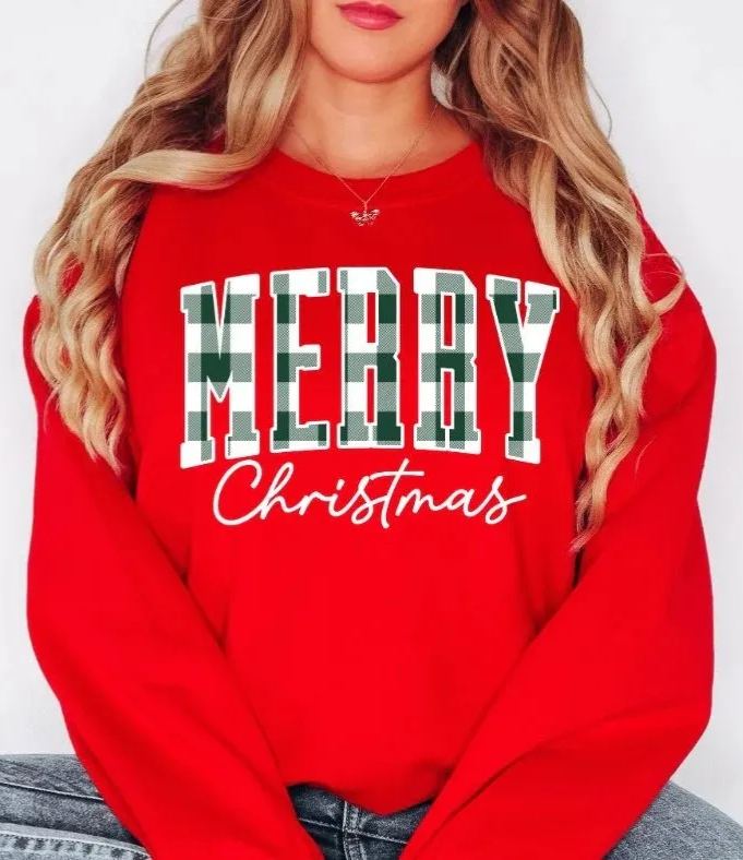"Merry Christmas" Plaid Graphic Sweatshirt