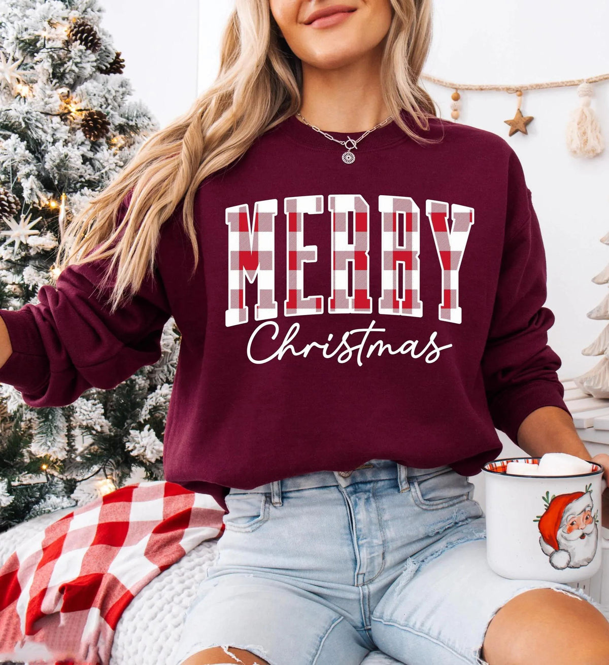 "Merry Christmas" Plaid Graphic Sweatshirt