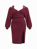Knitted V-neck Split Lace Curve Dress