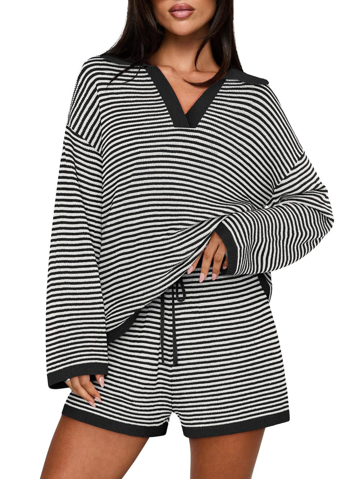 Women's Spring Striped Color-Block Lapel Two-Piece Set