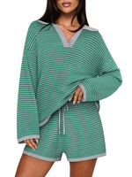 Women's Spring Striped Color-Block Lapel Two-Piece Set