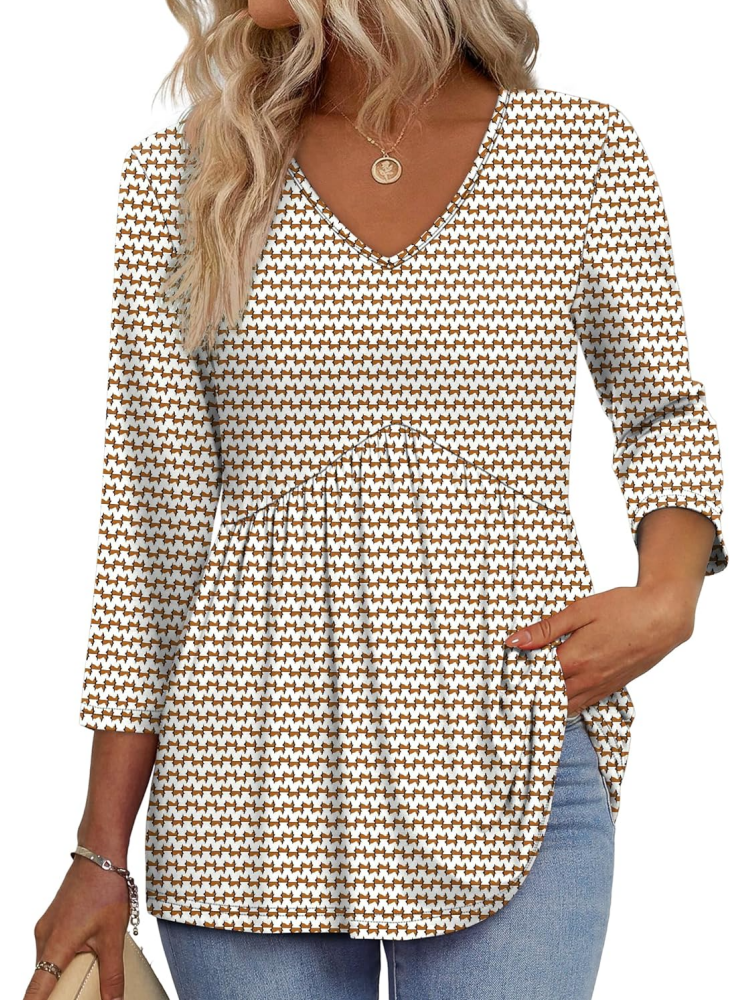 Women's V-Neck 3/4 Sleeve Ruffled hem Top