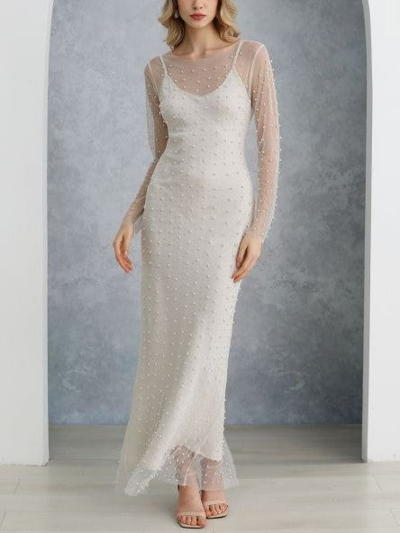 Full Pearl Sheer Mesh Cover-Up Maxi Dress