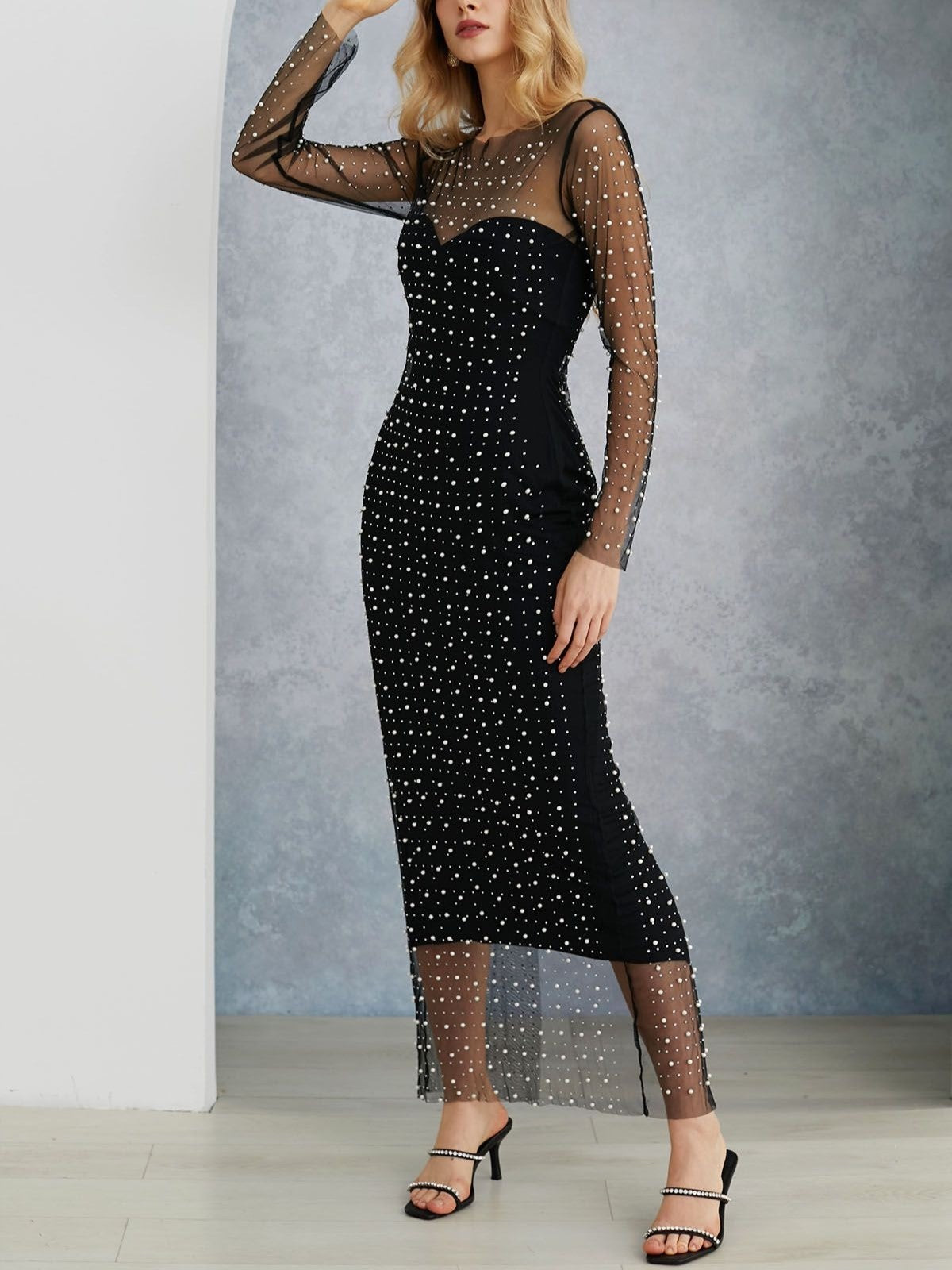Full Pearl Sheer Mesh Cover-Up Maxi Dress