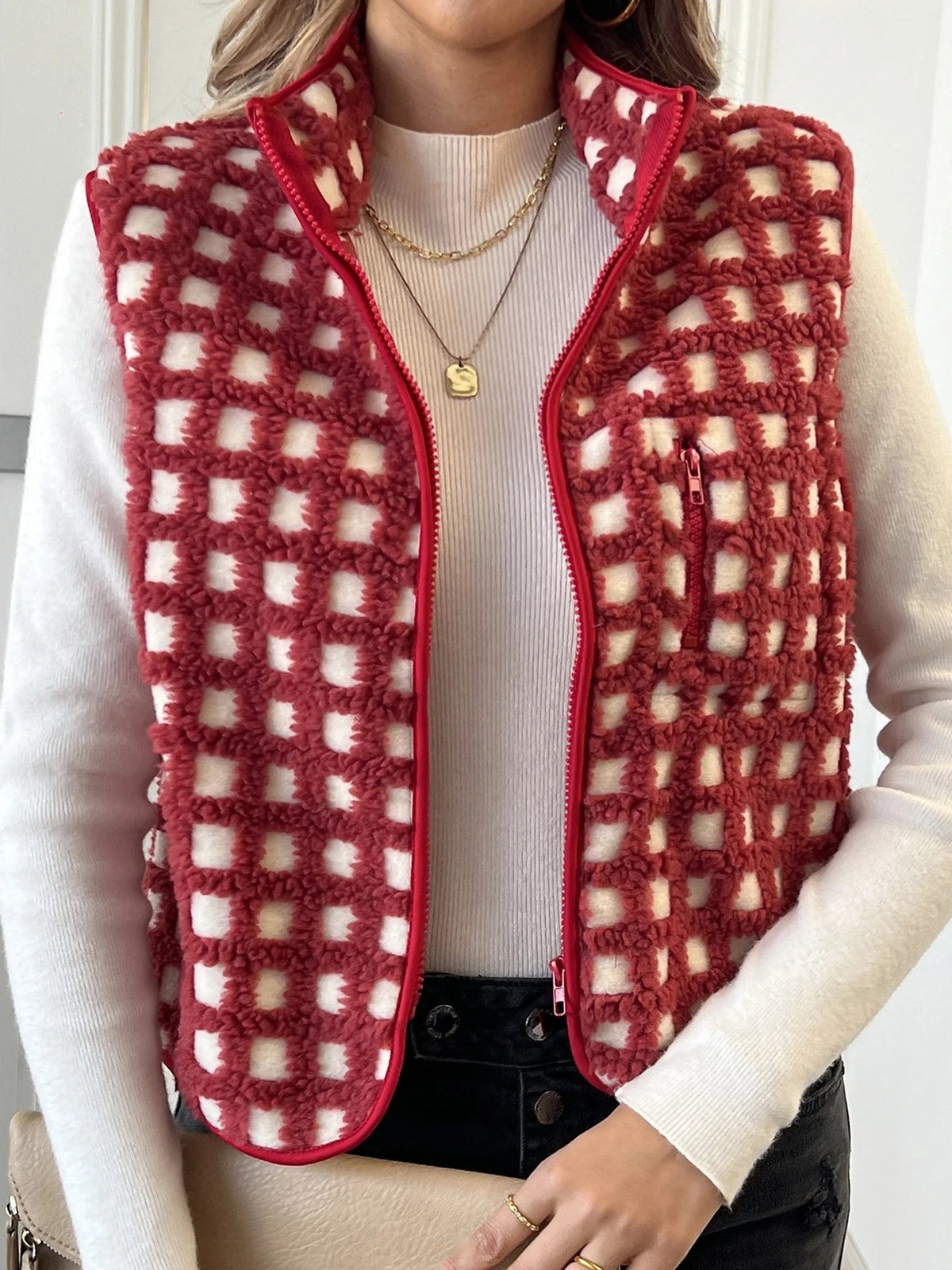 Women's Checkered Fuzzy Fleece Vests