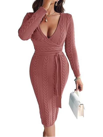 Women's Cable Knit Wrap Midi Dress