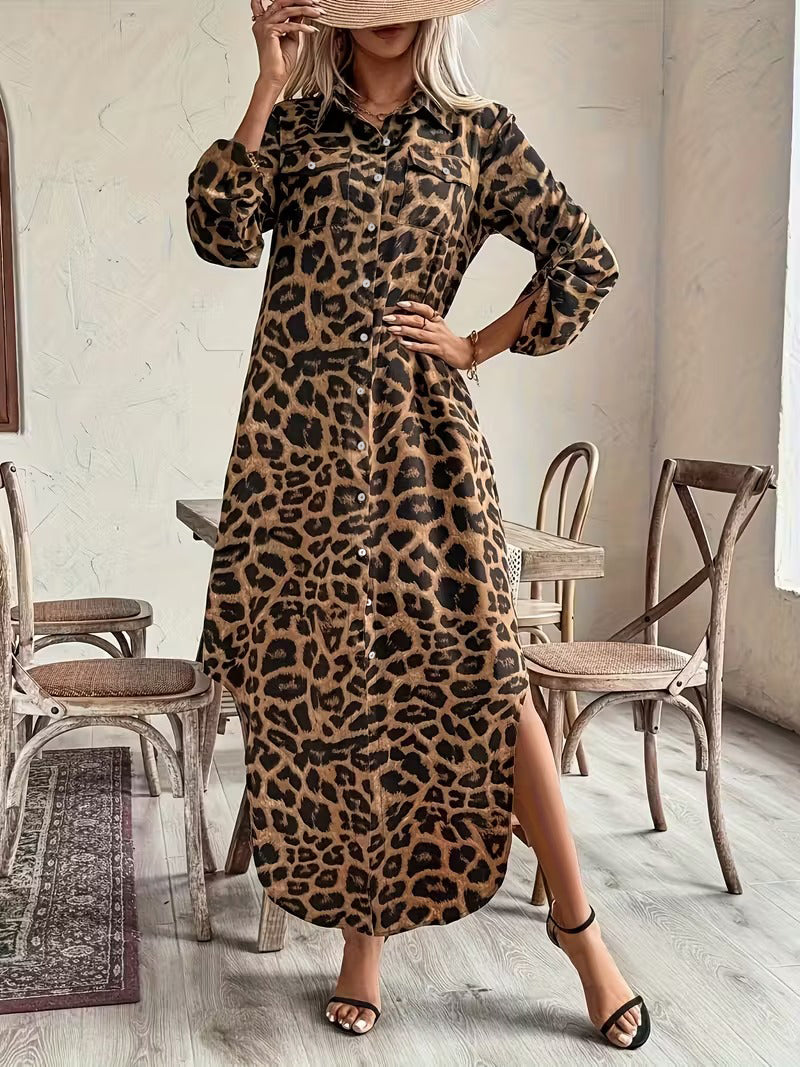 Women's Leopard Print Collared Pocket Shirt Dress