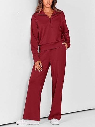 Women's Lapel Half Zip Sweatshirts And Wide Leg Pants Tracksuit Sets