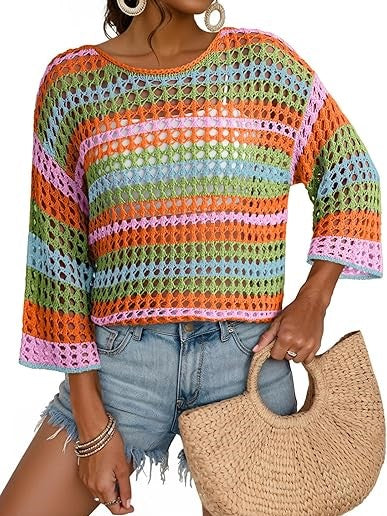 Women's 3/4 Sleeve Hollow Out Color Block Striped Tops