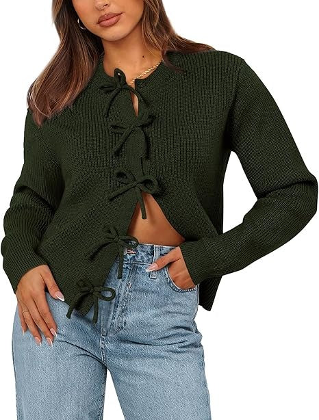 Women's Bow Tied Ribbed Knit Cardigan
