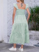 Women's Retro Plaid Smocked Flounce Long Dress