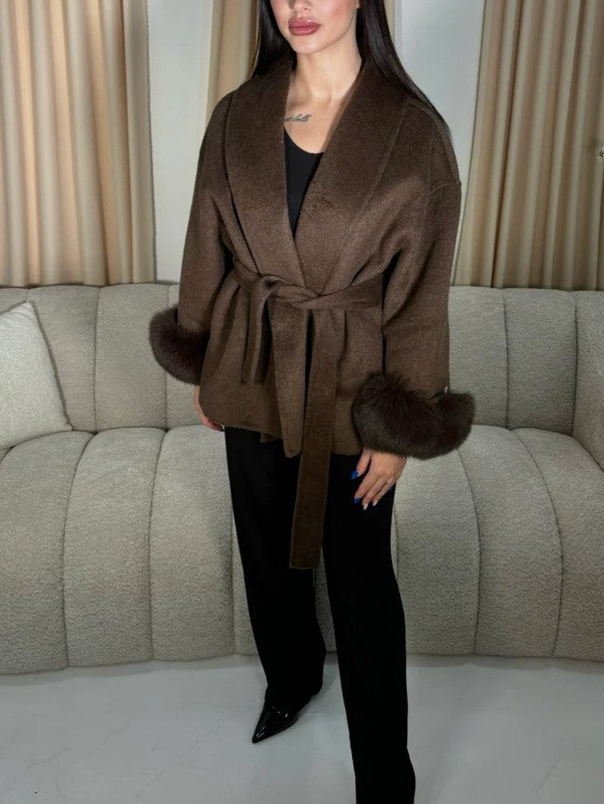 Women's Elegant Wrap Fur Trim Coat