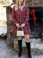 Women's Plaid Print Frilly Collar Long Sleeve Mini Dress