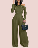 Women's Chic Off-Shoulder Jumpsuit With Pearls