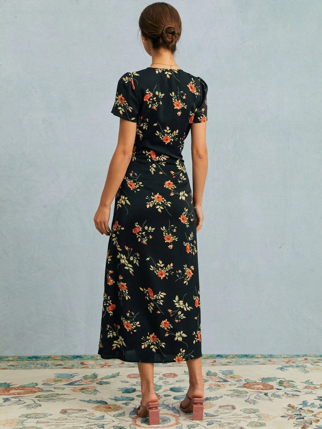 The Black V Neck Floral Short Sleeve Maxi Dress