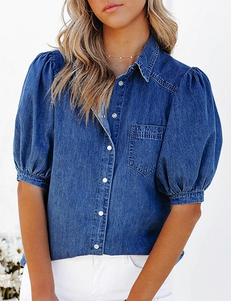 Women's Casual Puff Sleeve Denim Button-Down Shirt