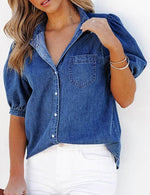 Women's Casual Puff Sleeve Denim Button-Down Shirt