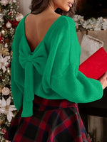 Women's V-Back Bow Detail Knit Sweater
