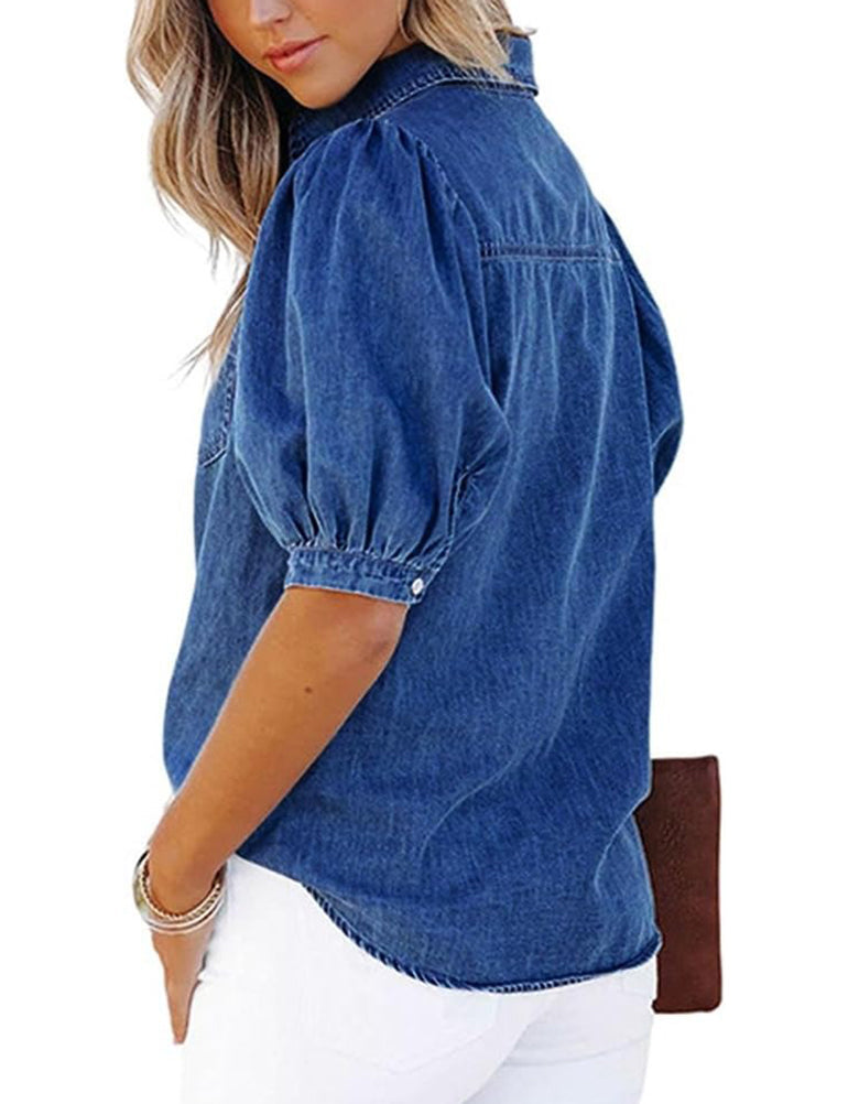 Women's Casual Puff Sleeve Denim Button-Down Shirt