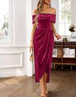 Women's Off-Shoulder High-Waisted Slit Velvet Dress