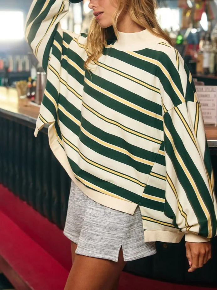 Women's Vintage Striped Batwing Sleeve Mock Neck Sweatshirt