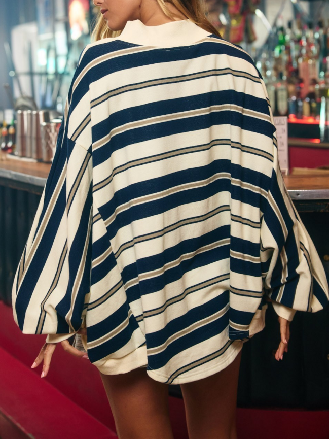 Women's Vintage Striped Batwing Sleeve Mock Neck Sweatshirt