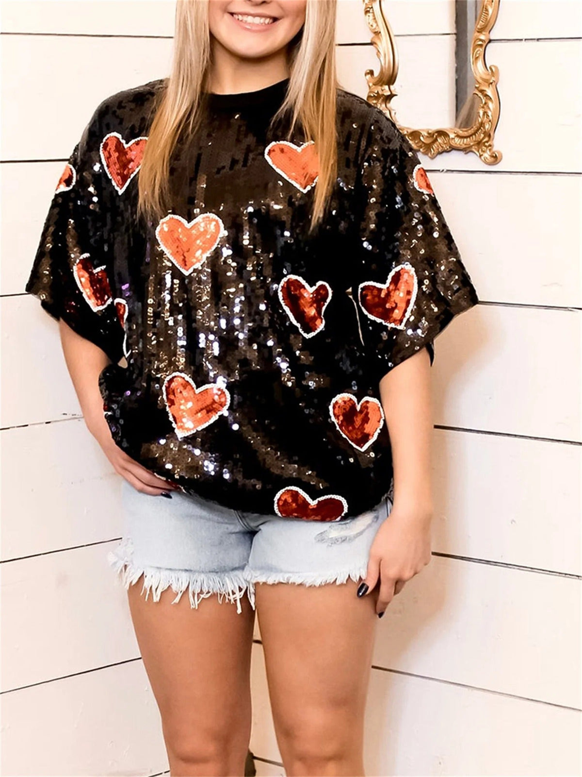 Women's Valentine's Day Heart Sequin Top