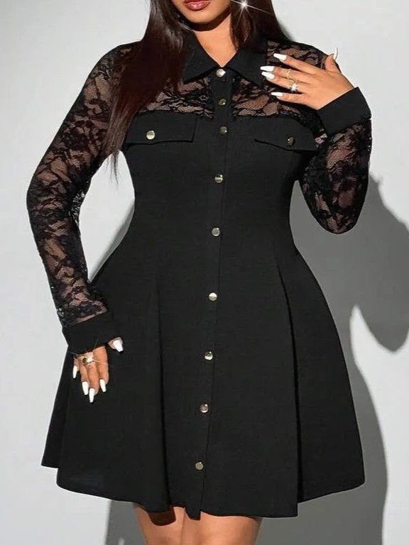 Women's Elegant Lace Spliced Shirt Dress