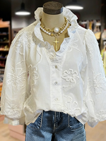 Women's Embroidered Flower Ruffle Neck Puff Sleeve Top