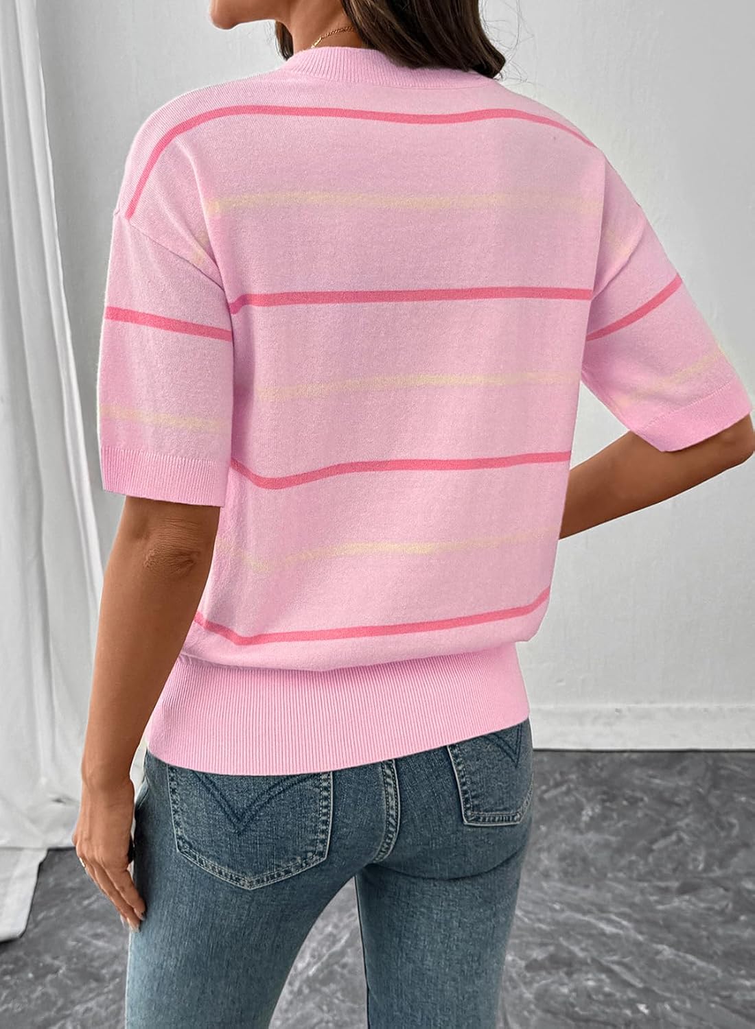 Women'sCrewneck Short Sleeve Knit Striped Tops