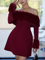 Women's Off Shoulder Fur Trim A Line Mini Dress