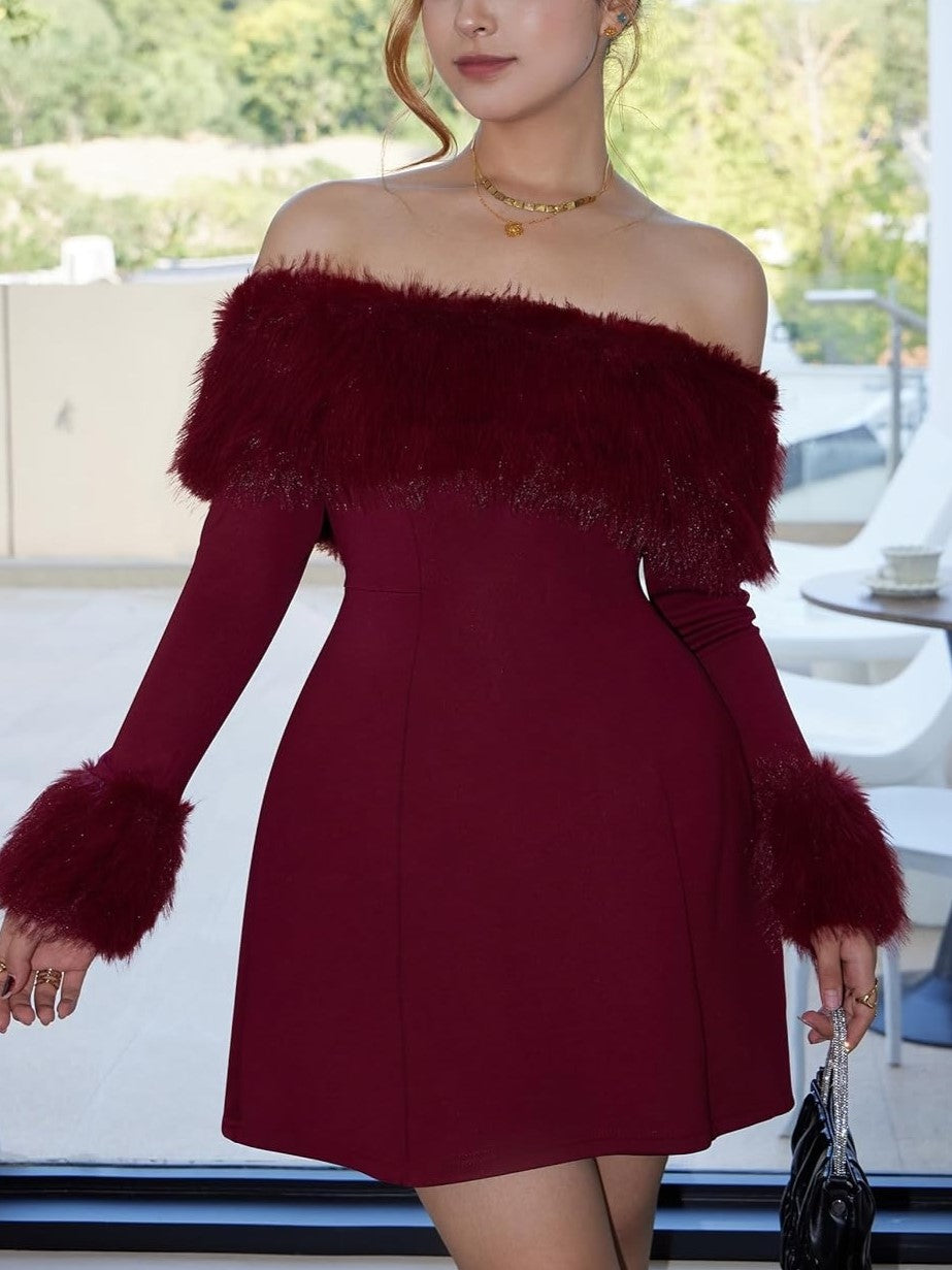 Women's Off Shoulder Fur Trim A Line Mini Dress