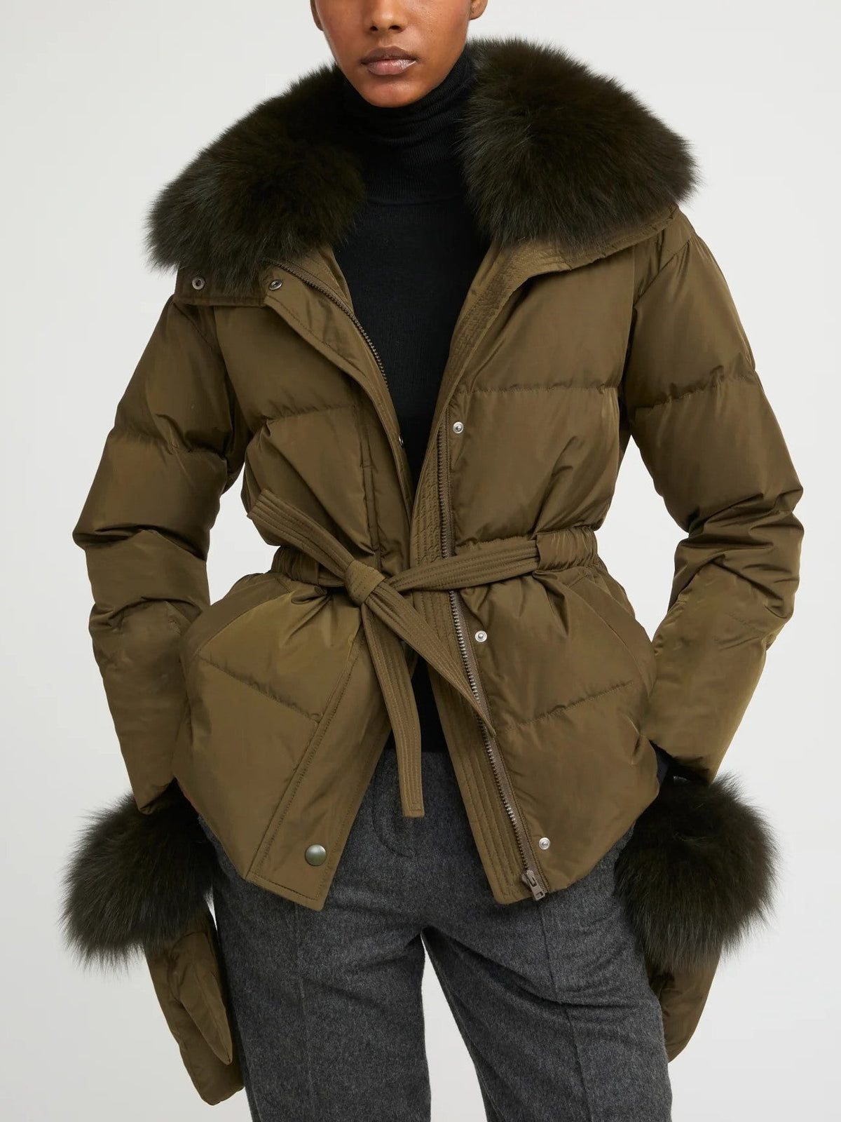 Women's Belted Jacket With Detachable Fox Fur Collar