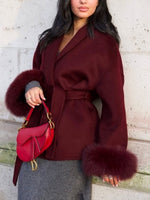 Women's Elegant Wrap Fur Trim Coat