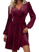 Women's Elegant V Neck Long Sleeves Velvet Dress