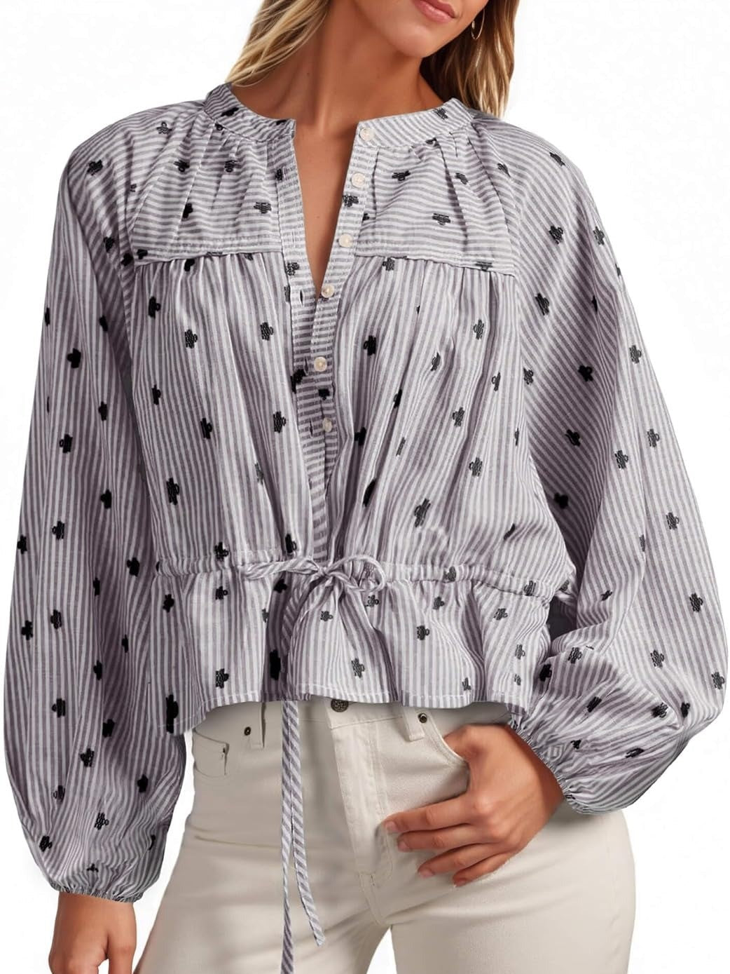 Women's Balloon Sleeve Tie-Waist Striped Top