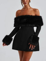 Women's Off Shoulder Fur Trim A Line Mini Dress