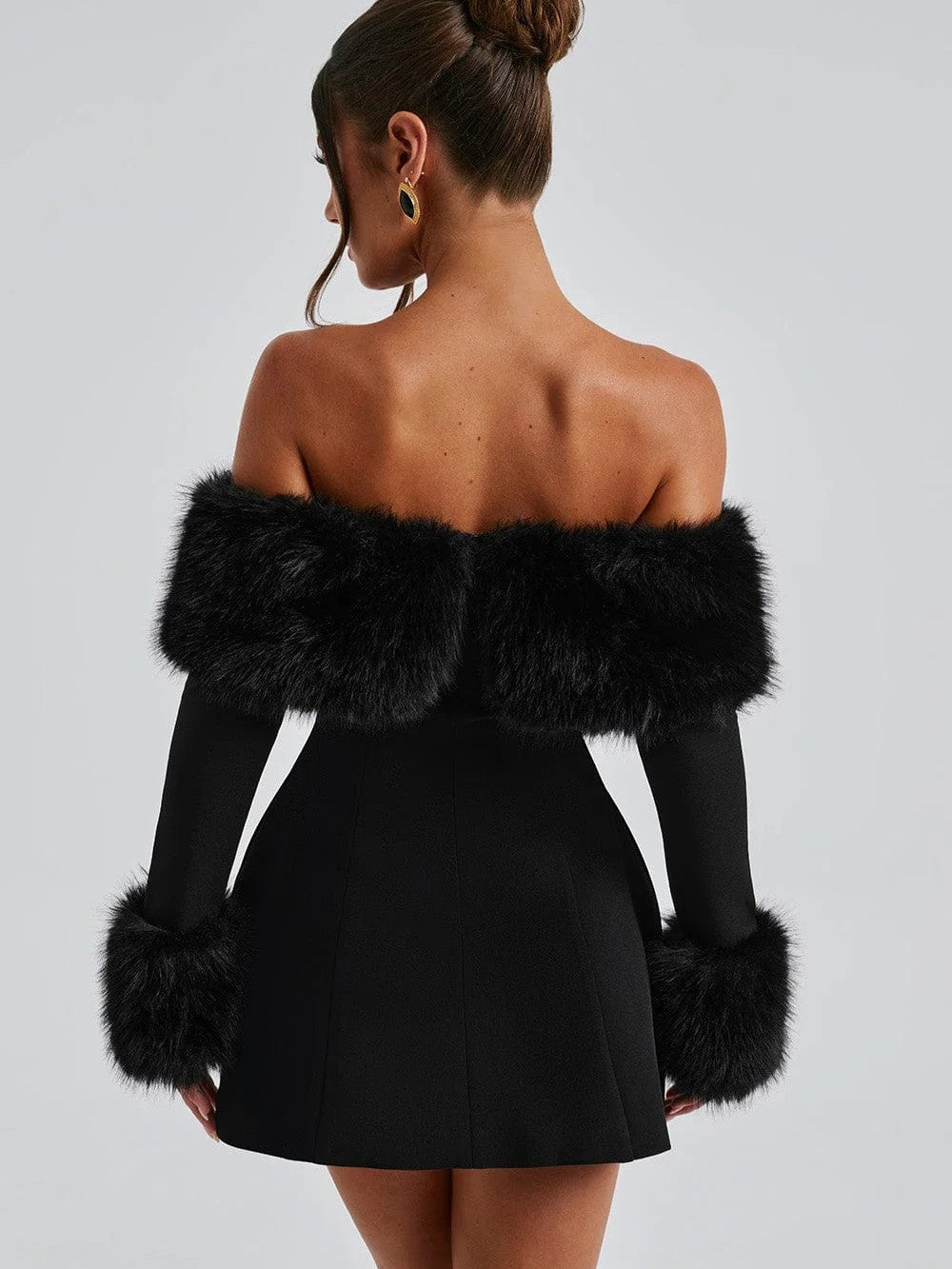Women's Off Shoulder Fur Trim A Line Mini Dress