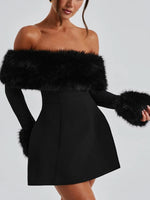 Women's Off Shoulder Fur Trim A Line Mini Dress