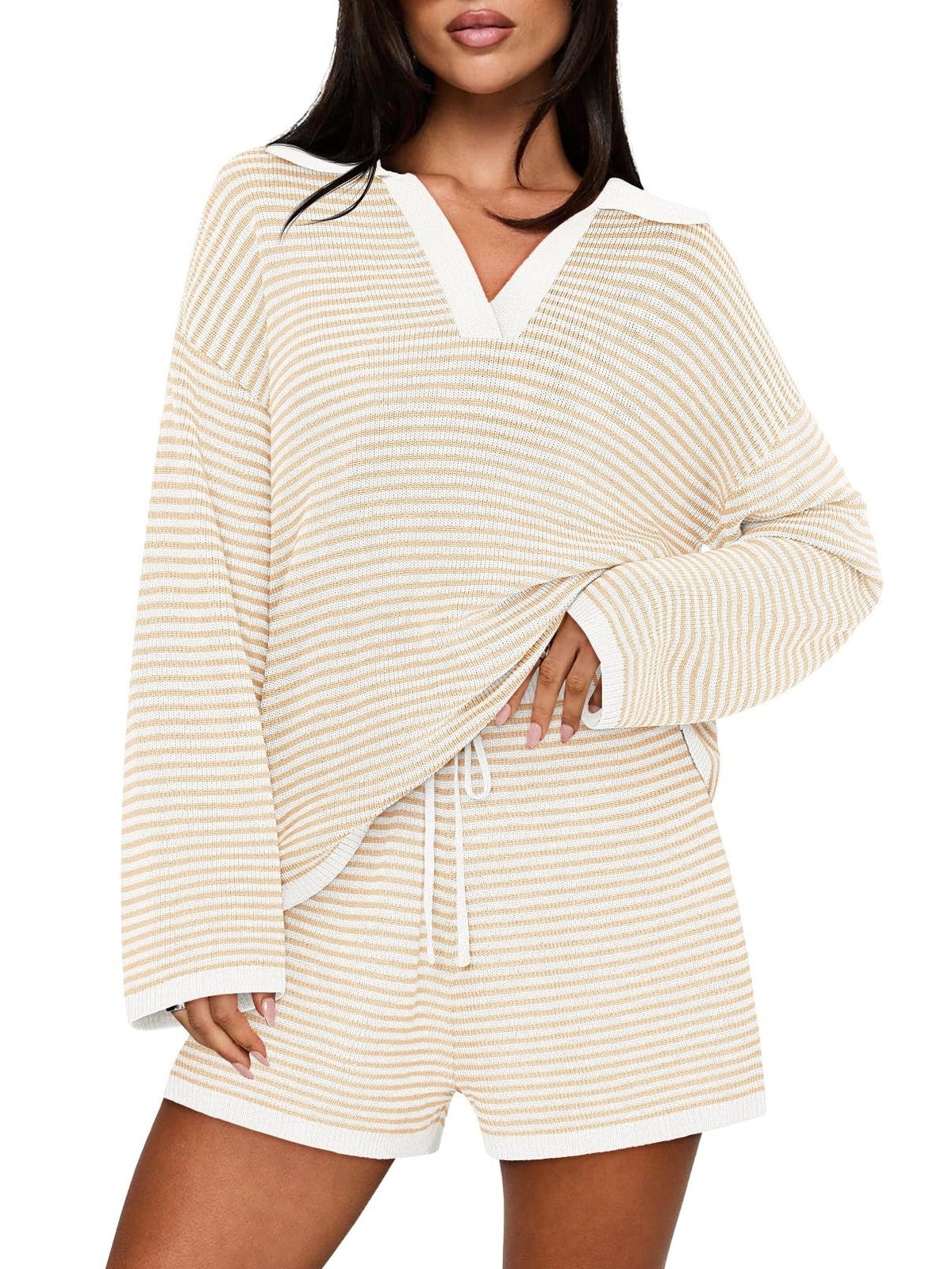 Women's Spring Striped Color-Block Lapel Two-Piece Set