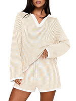 Women's Spring Striped Color-Block Lapel Two-Piece Set
