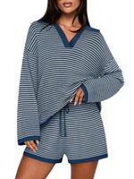Women's Spring Striped Color-Block Lapel Two-Piece Set