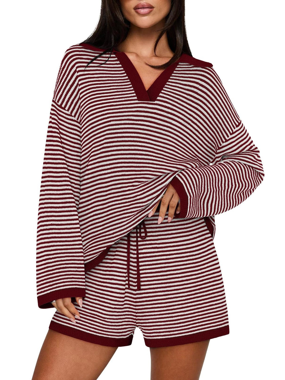 Women's Spring Striped Color-Block Lapel Two-Piece Set