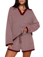 Women's Spring Striped Color-Block Lapel Two-Piece Set